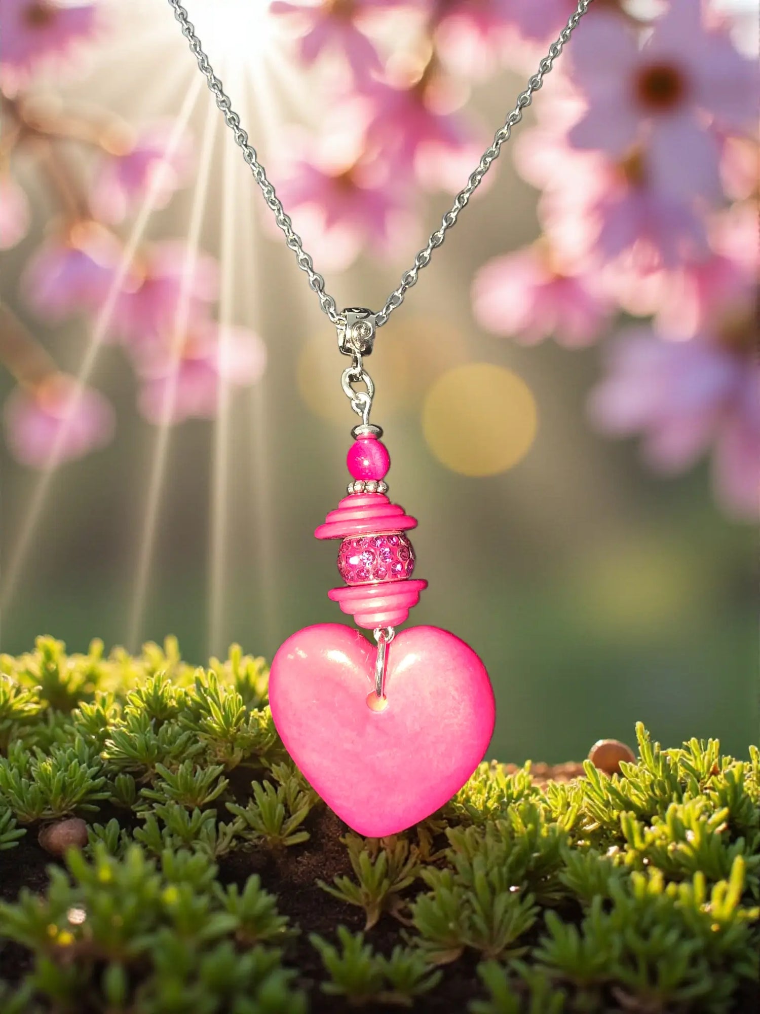 A vibrant candy hot pink thick carved heart tagua pendant with a glossy finish on a silver chain and pink beads