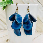 Cascada earrings navy glossy blue layered shell-shaped design with bronze hooks for stylish wear