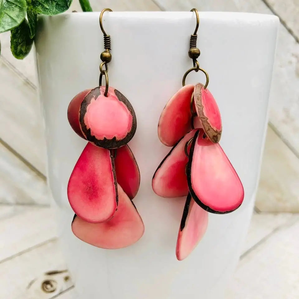 Pink layered shell shaped cascada earrings with rustic bronze hooks perfect for casual wear
