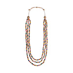 A vibrant cheryl necklace with multi-strand colorful wooden and tagua nut beads in pink yellow green purple and orange