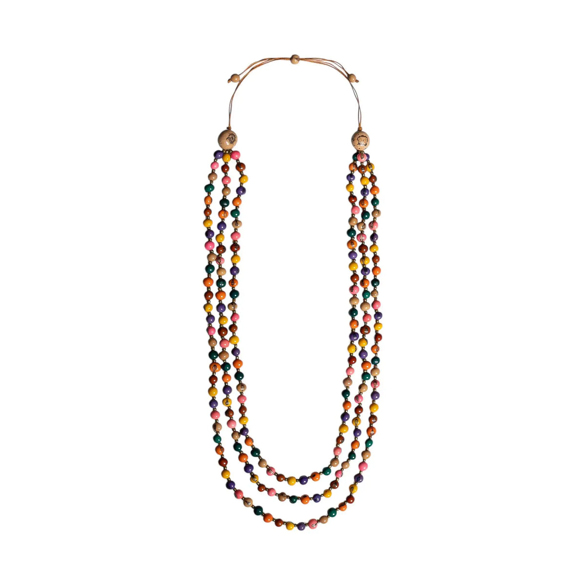 A vibrant cheryl necklace with multi-strand colorful wooden and tagua nut beads in pink yellow green purple and orange