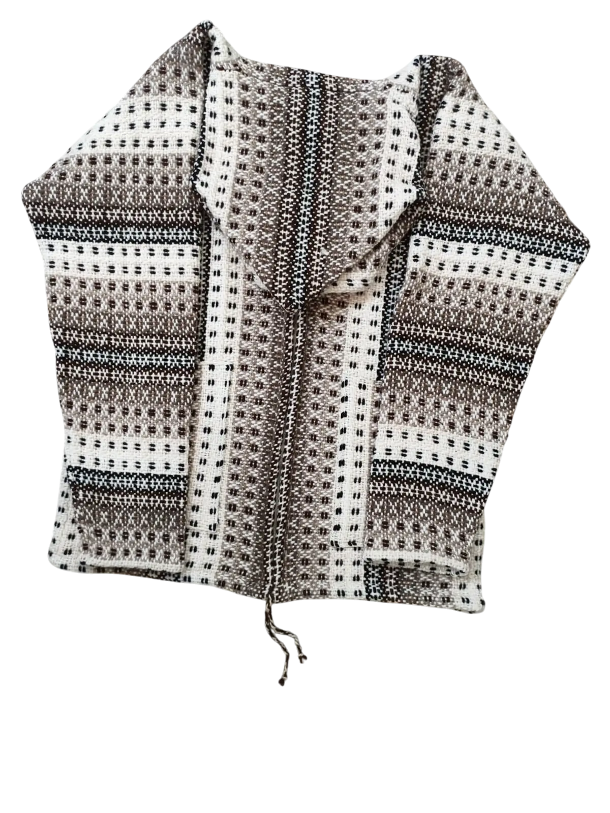 Textured woven poncho in cream beige taupe with dotted stripes made from 100 percent andean sheep’s wool