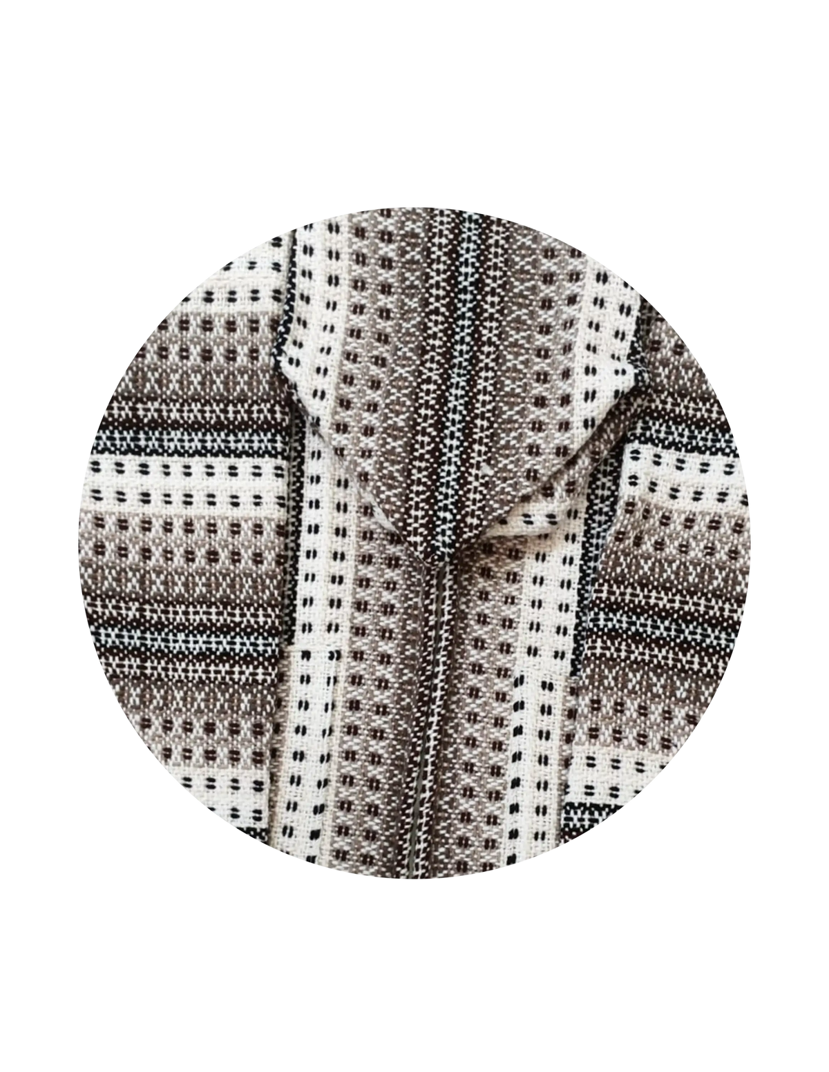 A circular woven textile in cream beige taupe colors used in an andean sheep wool hand-knitted hoodie cardigan