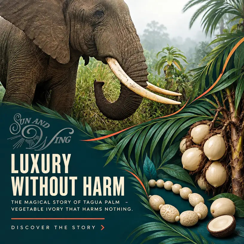A string of cream-colored, intricately carved tagua palm beads arranged in a decorative pattern.