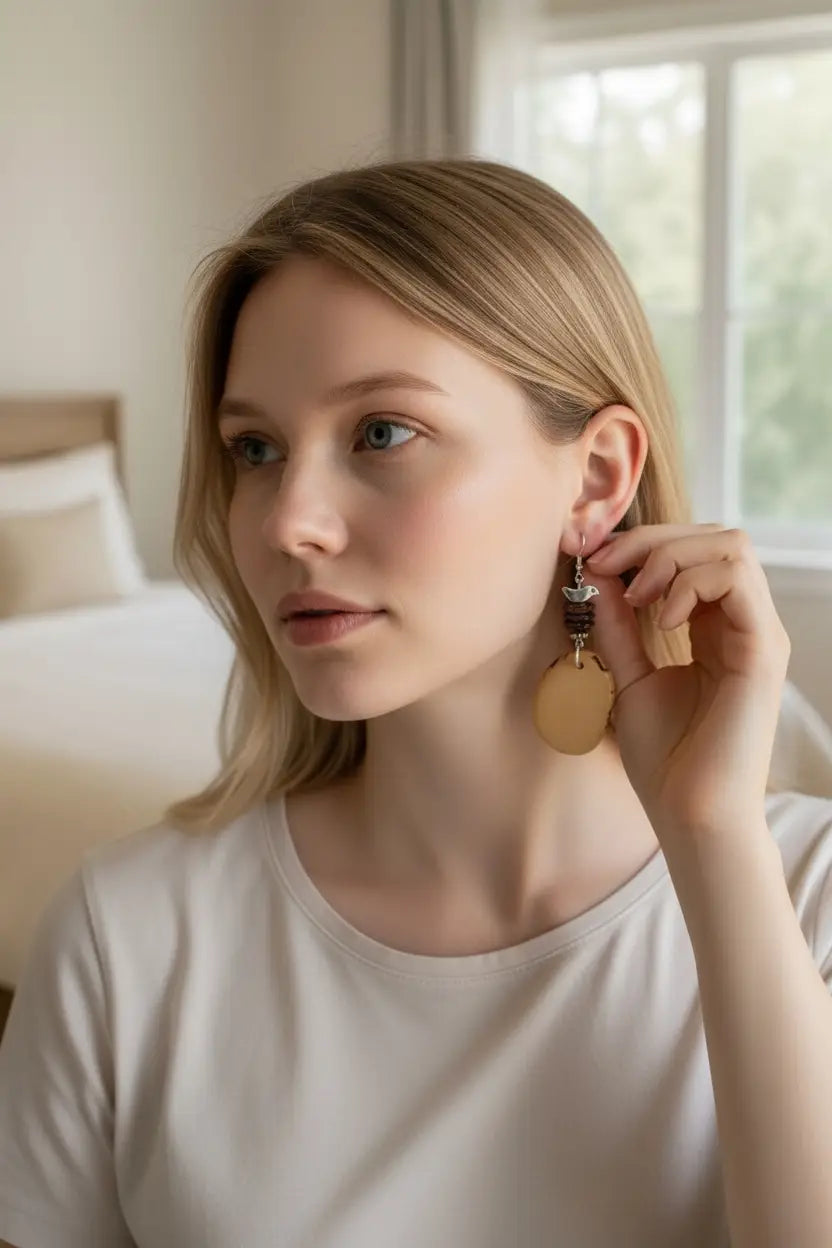 Cream sliced tagua nut earrings with beige circular drop, dark bird bead accent, and silver-toned hardware