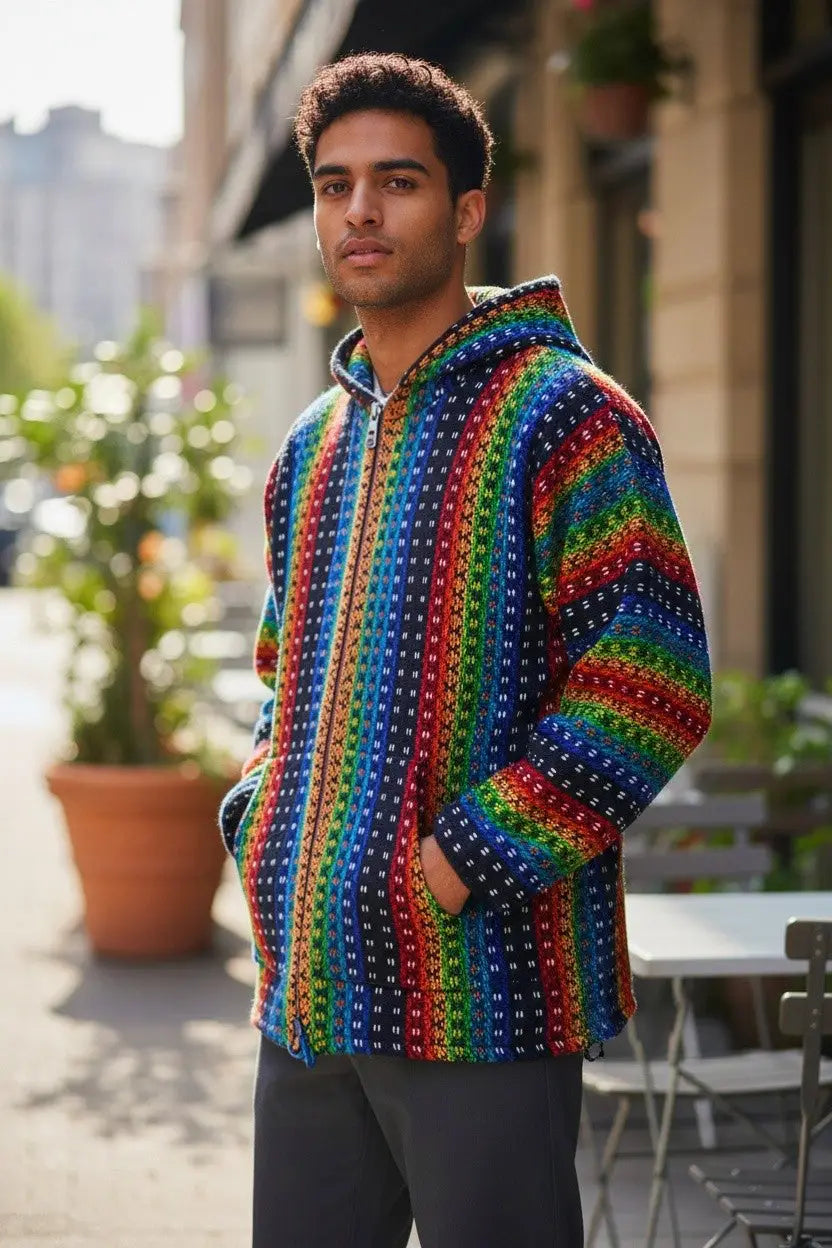 A vibrant dark navy rainbow crocheted hoodie made from 100% otavalo artisan andean sheep’s wool with zipper and pockets