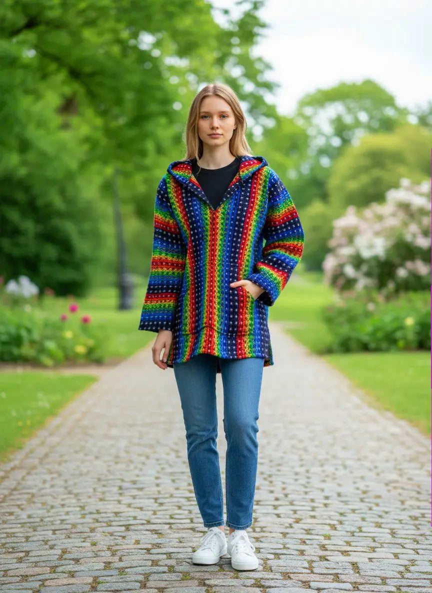A vibrant dark navy rainbow hand-knitted hoodie cardigan made from 100% andean sheep’s wool with zip and pockets
