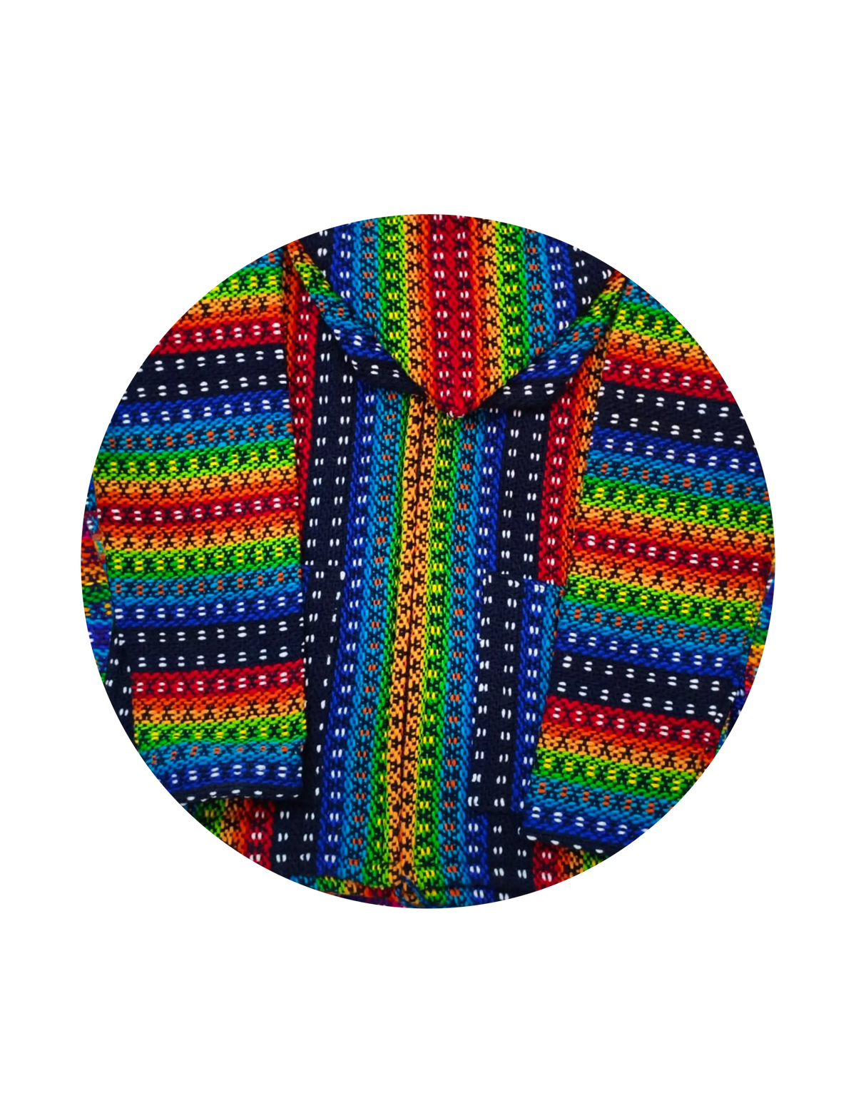 Vibrant dark navy rainbow poncho with bold vertical stripes in red orange yellow green blue handwoven from 100% andean sheep wool