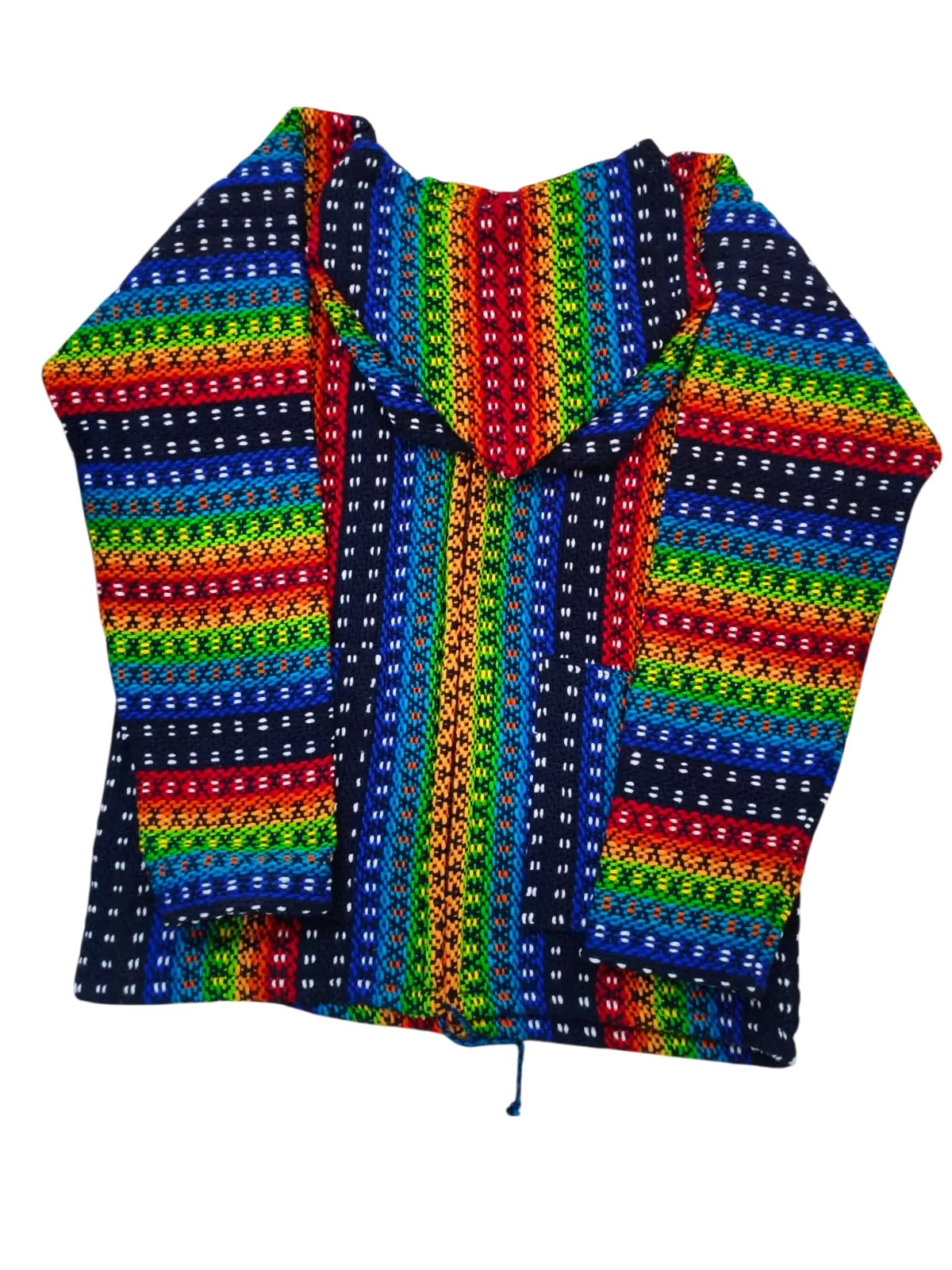 Vibrant dark navy rainbow poncho with hood and dotted pattern made of 100% andean sheep’s wool by otavalo artisan