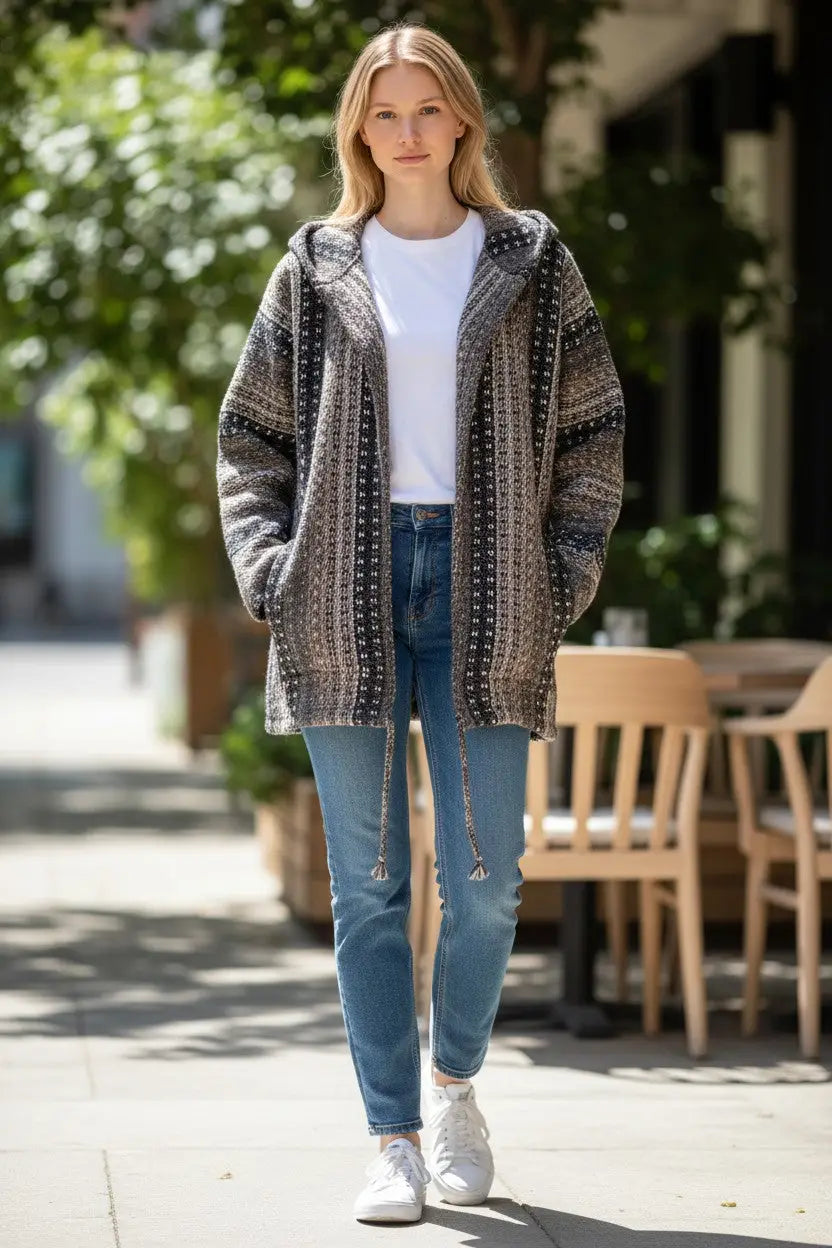 A cozy oversized hoodie in dark taupe gray hand-knitted from 100% andean sheep’s wool with zip front and pockets