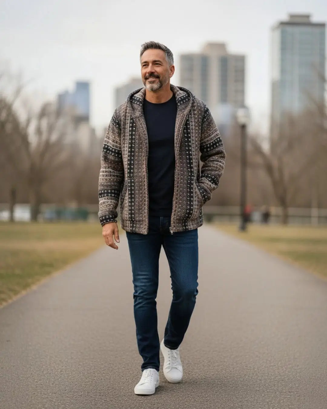 Man wearing dark taupe gray andean sheep’s wool hand-knitted hoodie cardigan with zip front and pockets over blue tee