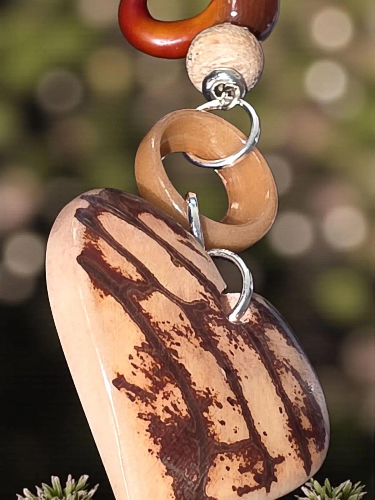 Dream natural carved marble tagua heart bag charm keychain with light wood heart pendant and red wooden bead