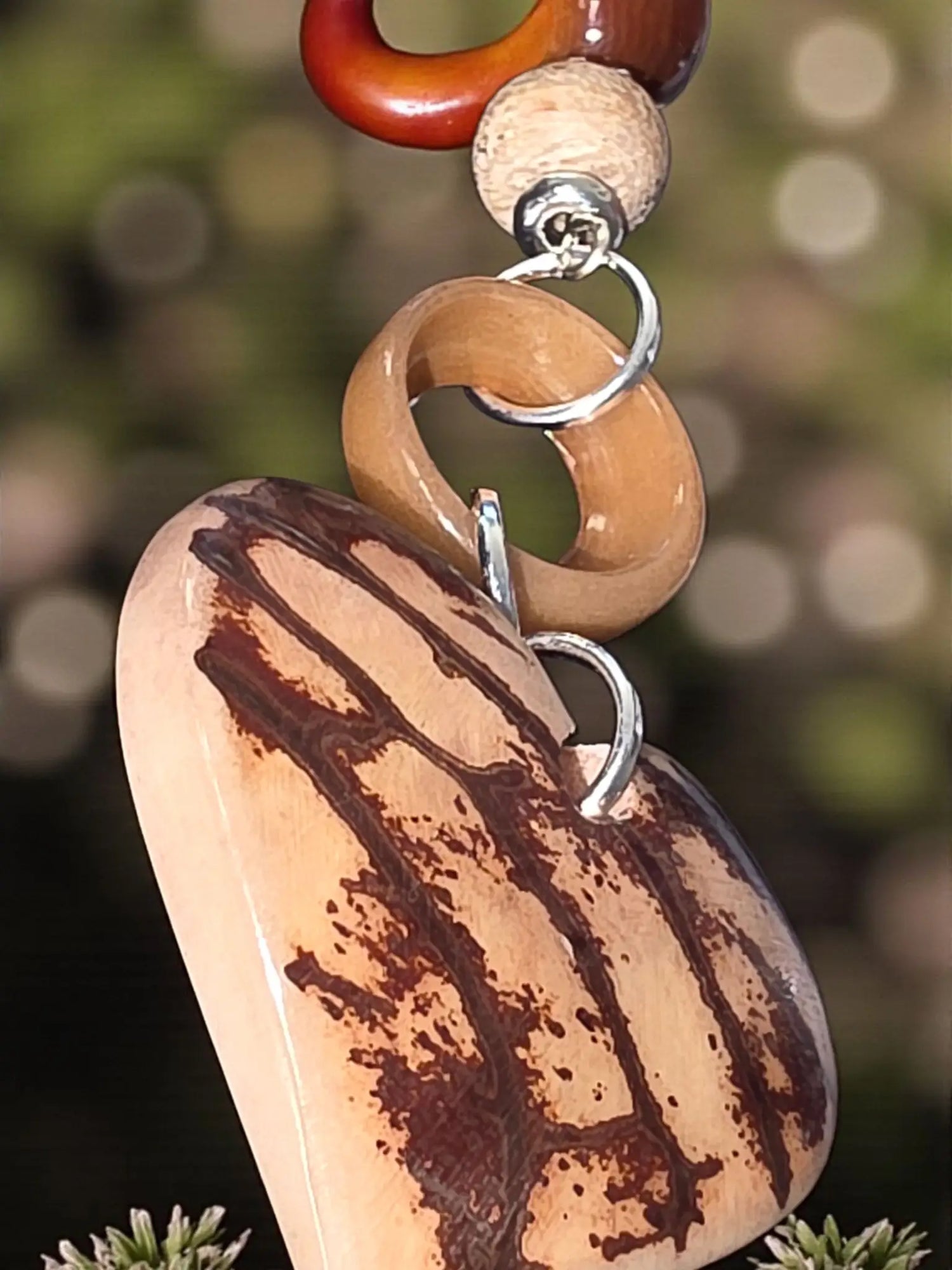 Dream natural carved marble tagua heart bag charm keychain with light wood heart pendant and red wooden bead