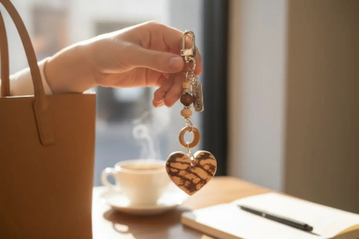 A natural carved marble bag charm heart keychain with marbled brown beige carved marble tagua and metallic accents