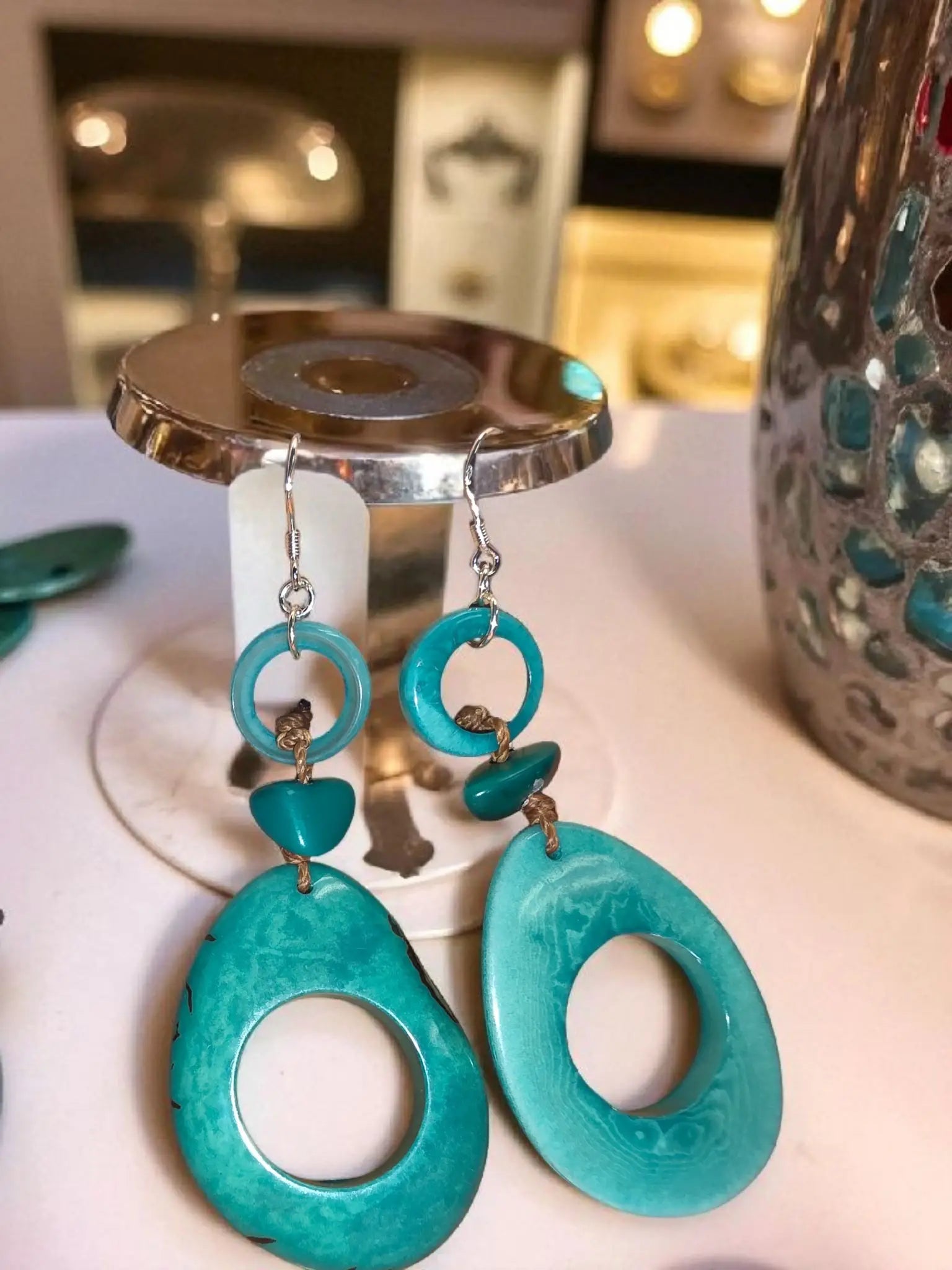 Dreamy ocean turquoise tagua hoop slice earrings handcrafted with turquoise color and layered circular teardrop design