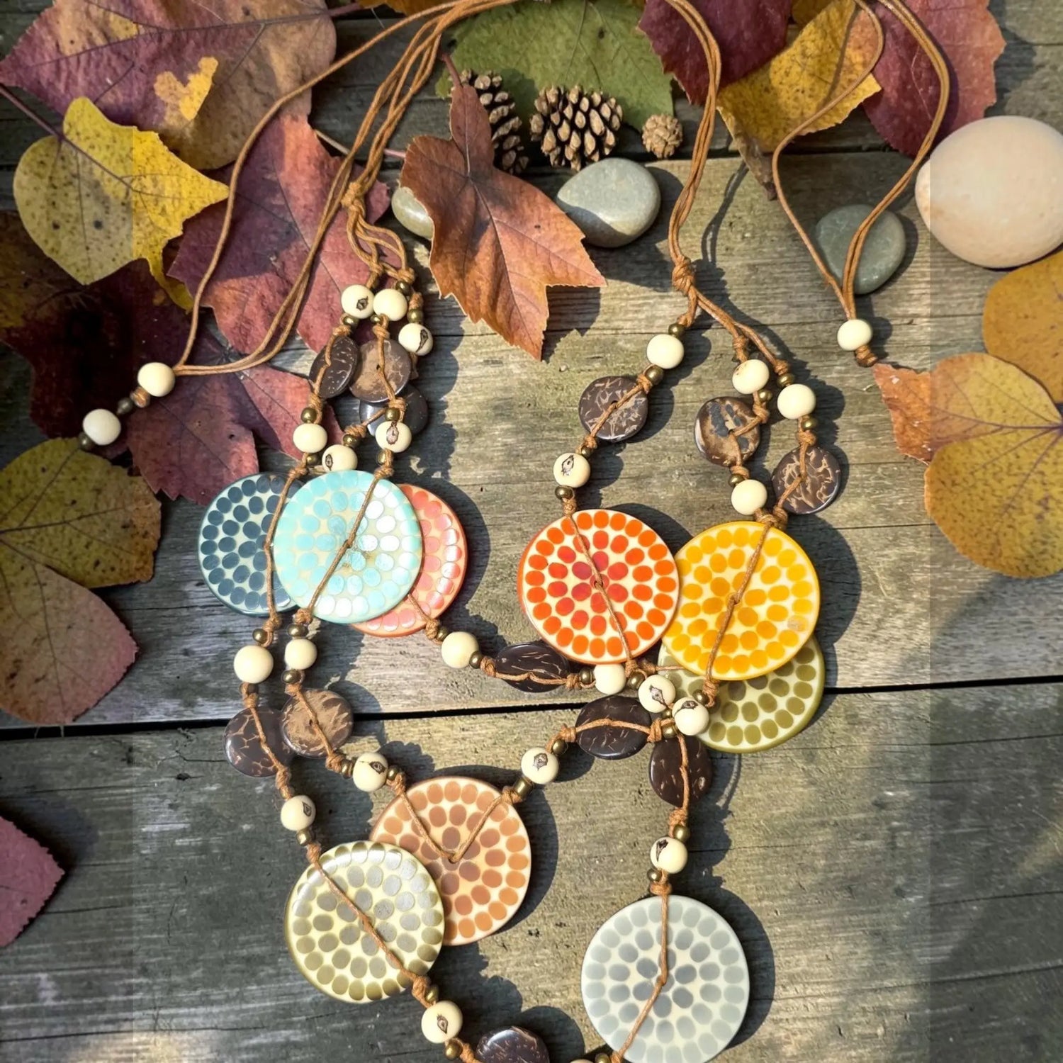 Lana eco-chic layered necklace with colorful engraved tagua ceramic beads coconut beads and white pearls