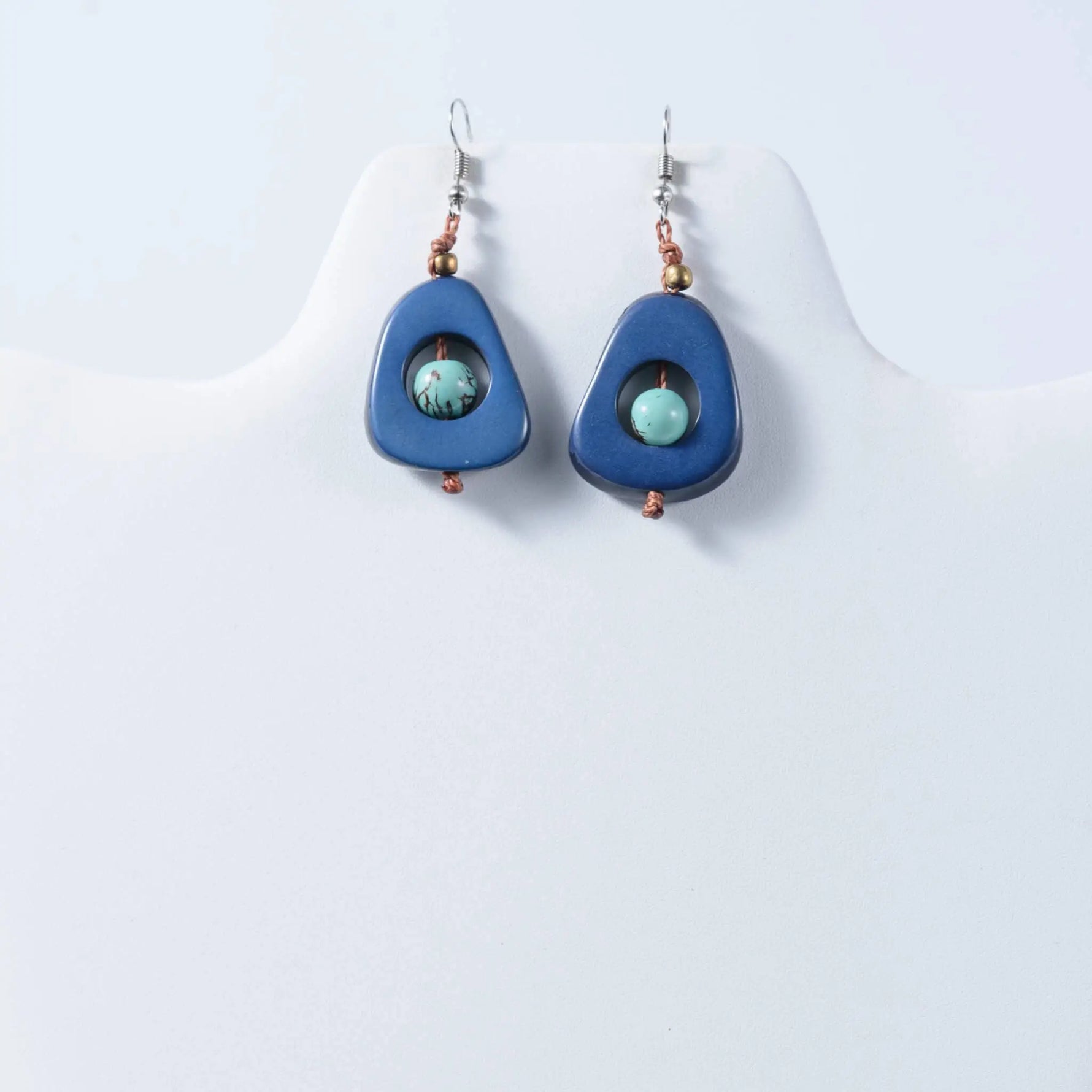 Eden tear-drop eco-friendly tagua earrings with blue teardrop shape turquoise stone and copper accents
