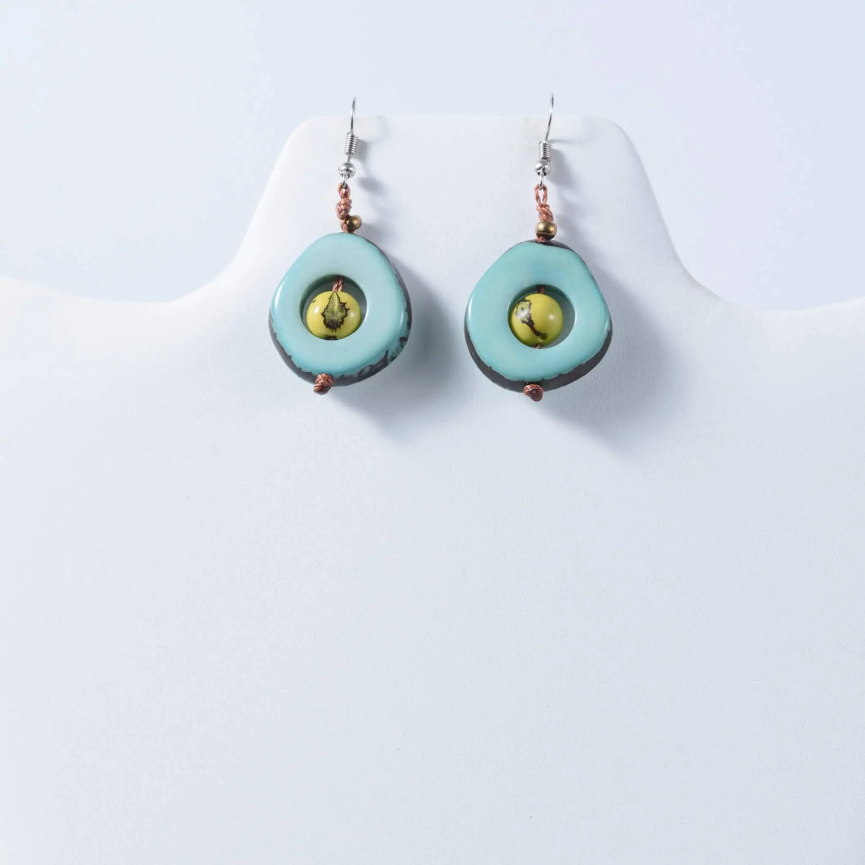 Turquoise and yellow ceramic eden tear drop eco friendly tagua earrings with copper accents for stylish wear
