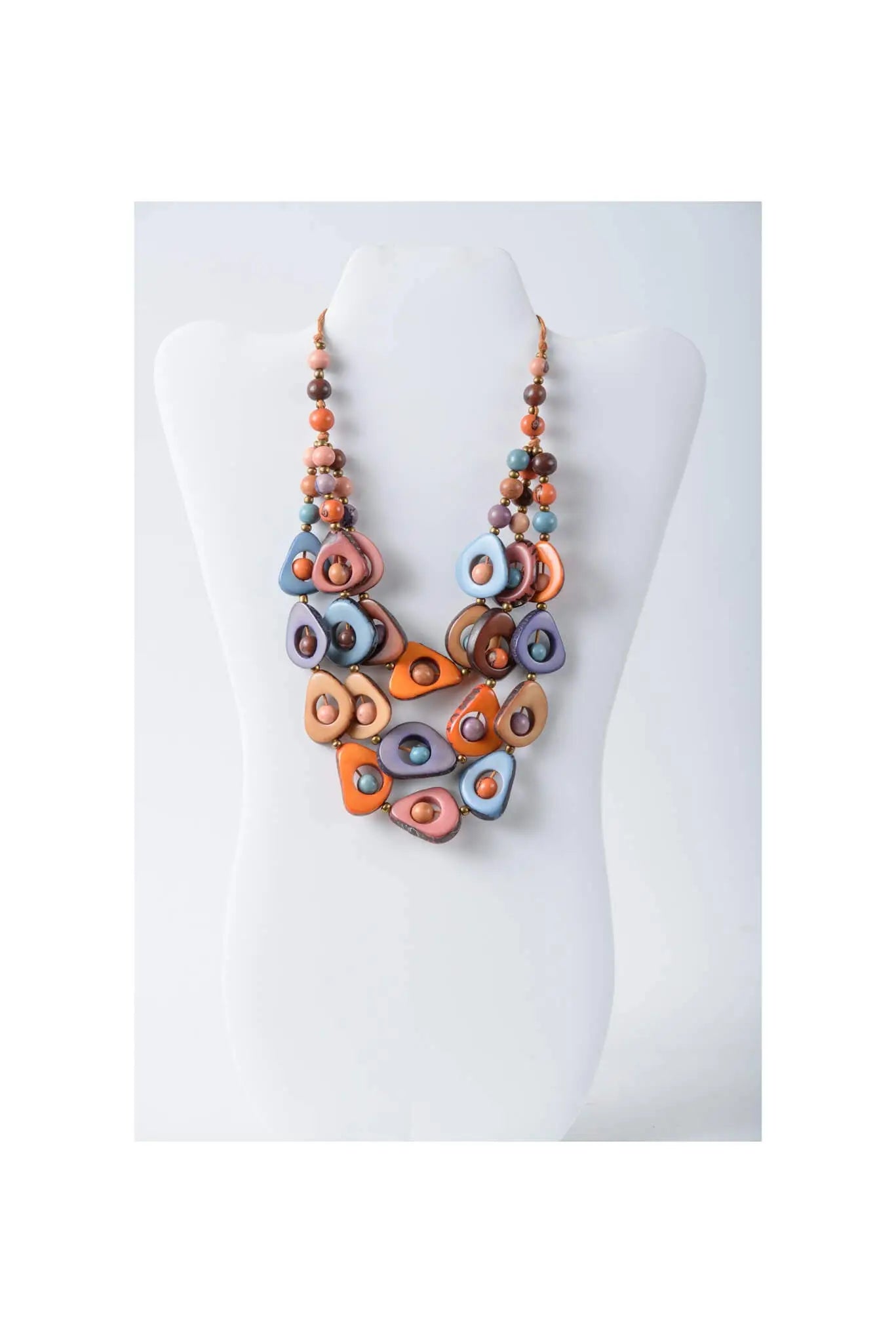 Eden three stranded tagua necklace set multi 2 with vibrant teardrop beads in orange blue and brown glossy finish tagua necklace set