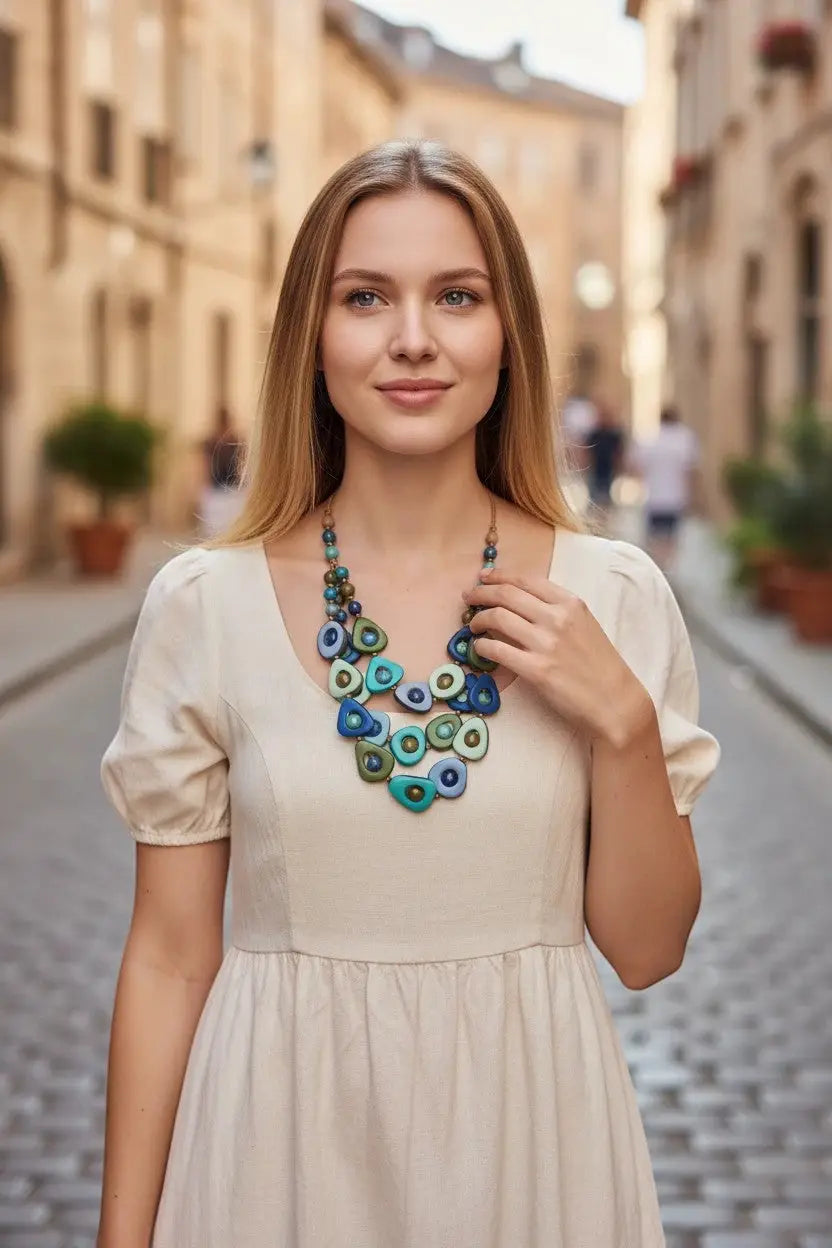 A vibrant multi-layered blue and teal tagua necklace set with circular glossy beads from eden three stranded collection