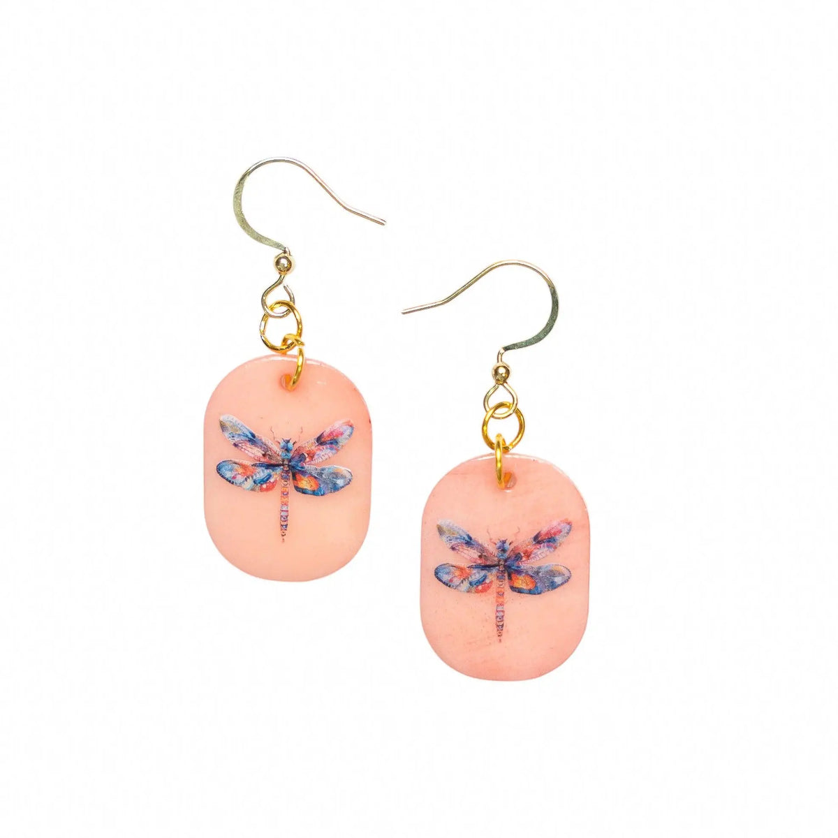 Pastel pink eleni earrings feature colorful dragonfly tagua nut design with gold toned hooks for a cute look
