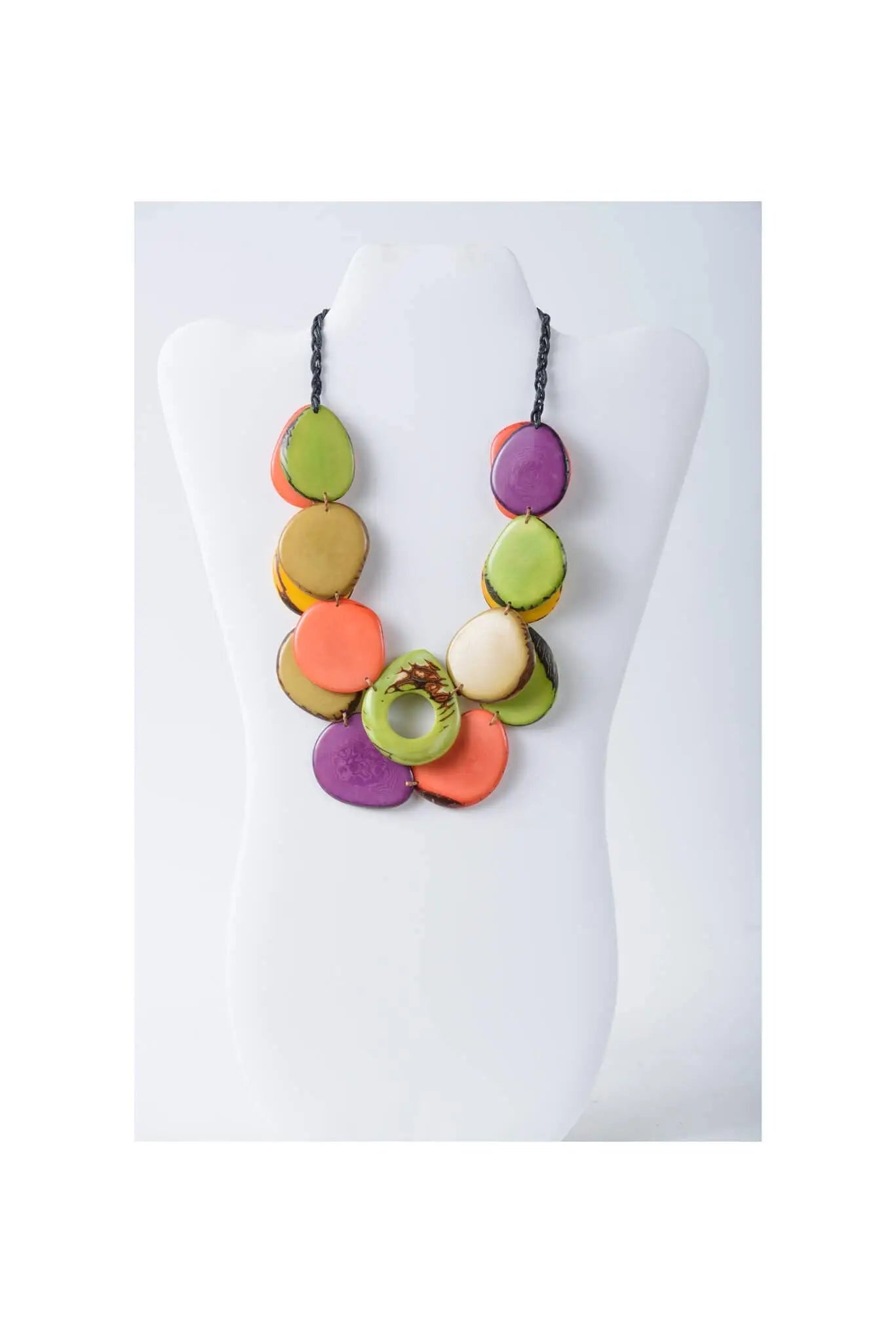 Vibrant multicolored layered tagua slice necklace with green purple orange and beige tones from ella collection