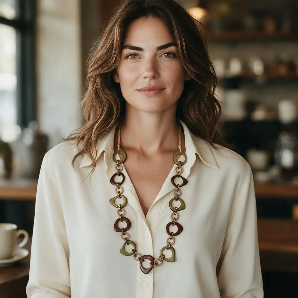 Fall tagua long adjustable lightweight strand necklace with olive green and burgundy links and antique brass beads