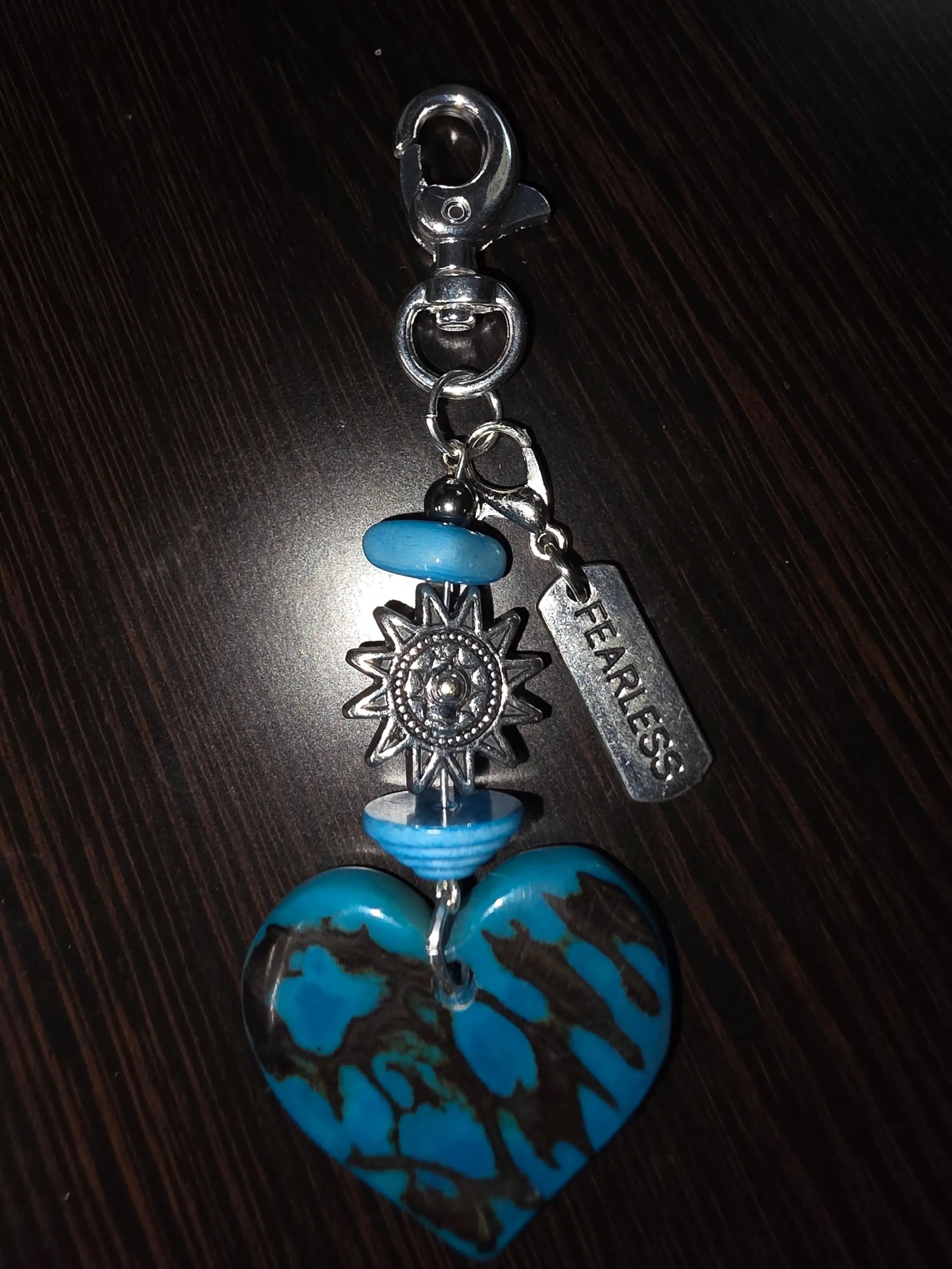 Fearless marble blue tagua carved heart and amulet sun bag charm keychain with turquoise brown marbled heart and blue beads