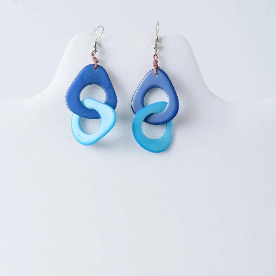 Blue and light blue interlocking ring tagua earrings with silver hooks perfect for everyday wear