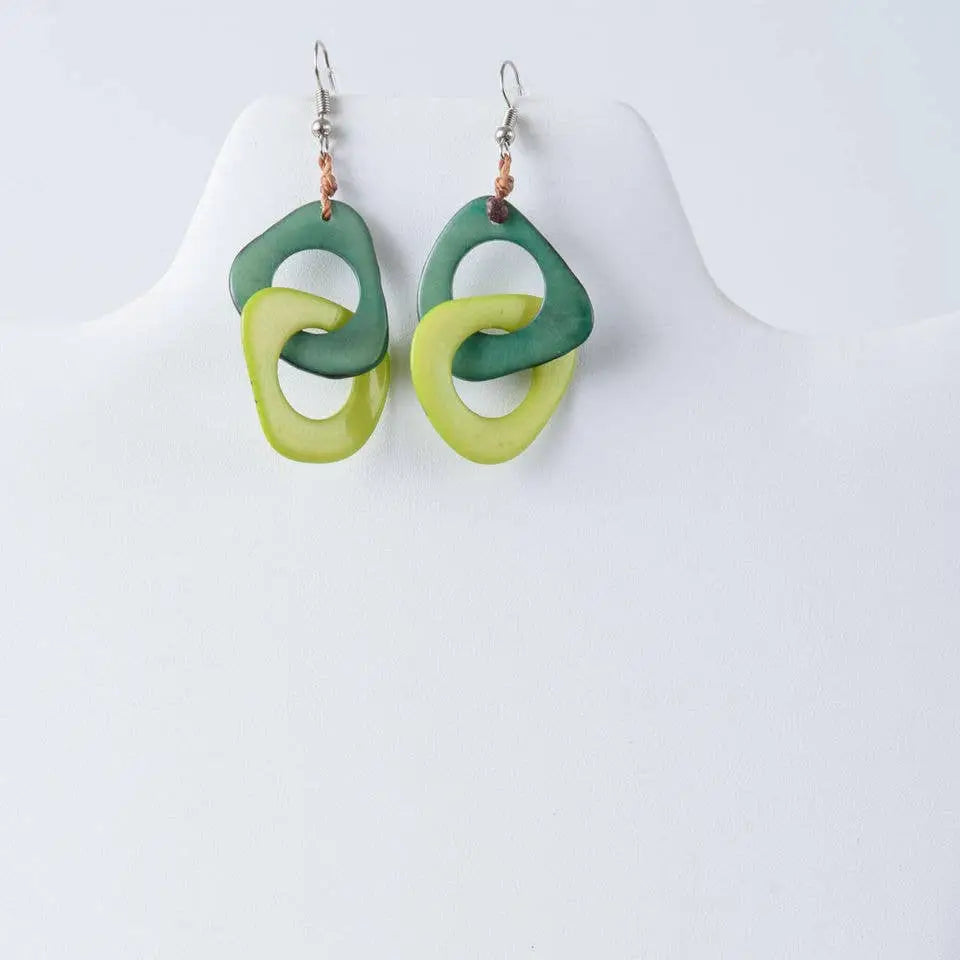 Fern interlocking tagua earrings with green and lime green glossy rings made from sustainable tagua material