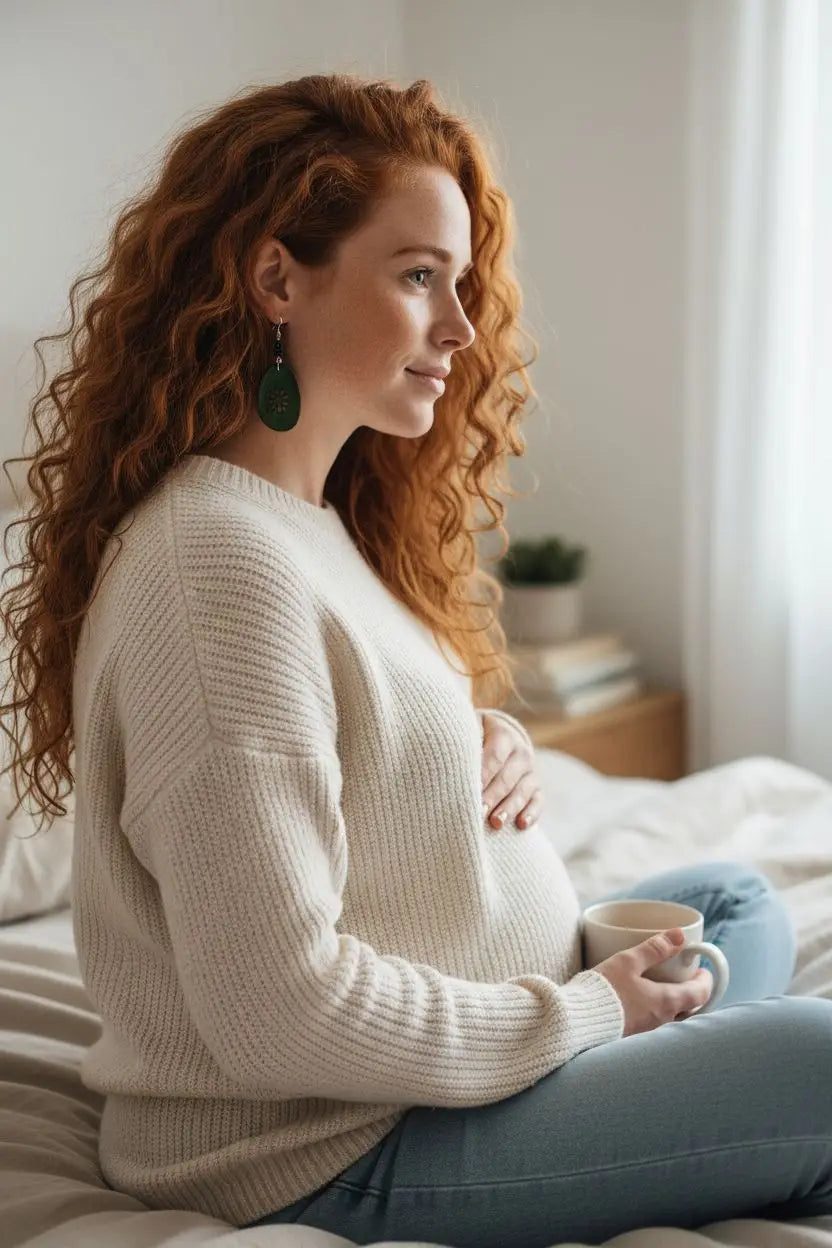 A woman with curly red hair wears cream sweater and forest sunburst laser cutout flower tagua slice earrings