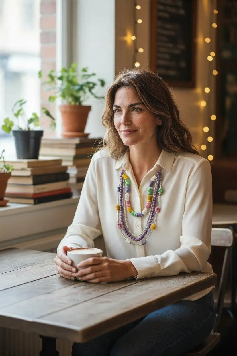 A woman wears a four-strand tagua nut sunny necklace with pastel antique beads in purple pink yellow and green