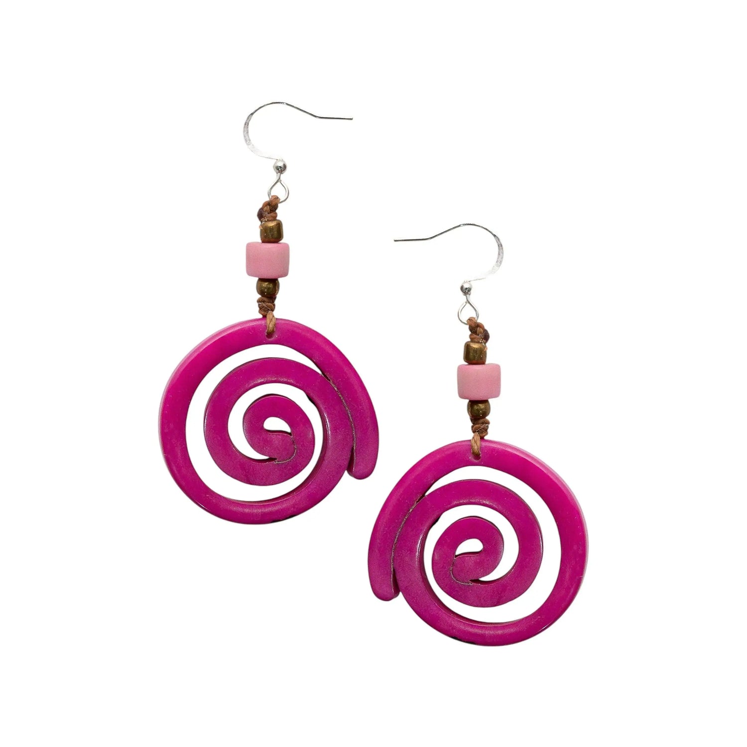 Vibrant fuchsia gary earrings with spiral tagua nut design pink bead and bronze accents guaranteed to mesmerize