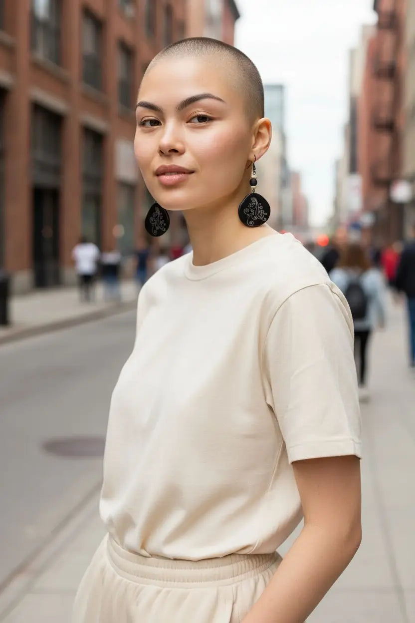 A woman wearing a cream short-sleeved t-shirt with go-to throw-on and go laser engraved black tagua slice earrings