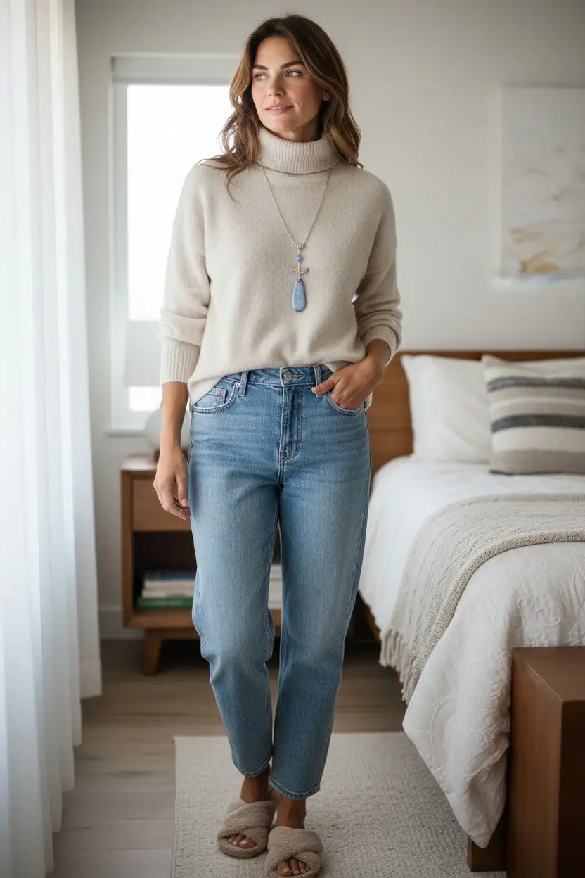Beige turtleneck sweater with ribbed cuffs and neckline paired with a gorgeous blue tagua nut dragonfly necklace fair trade jewelry gift