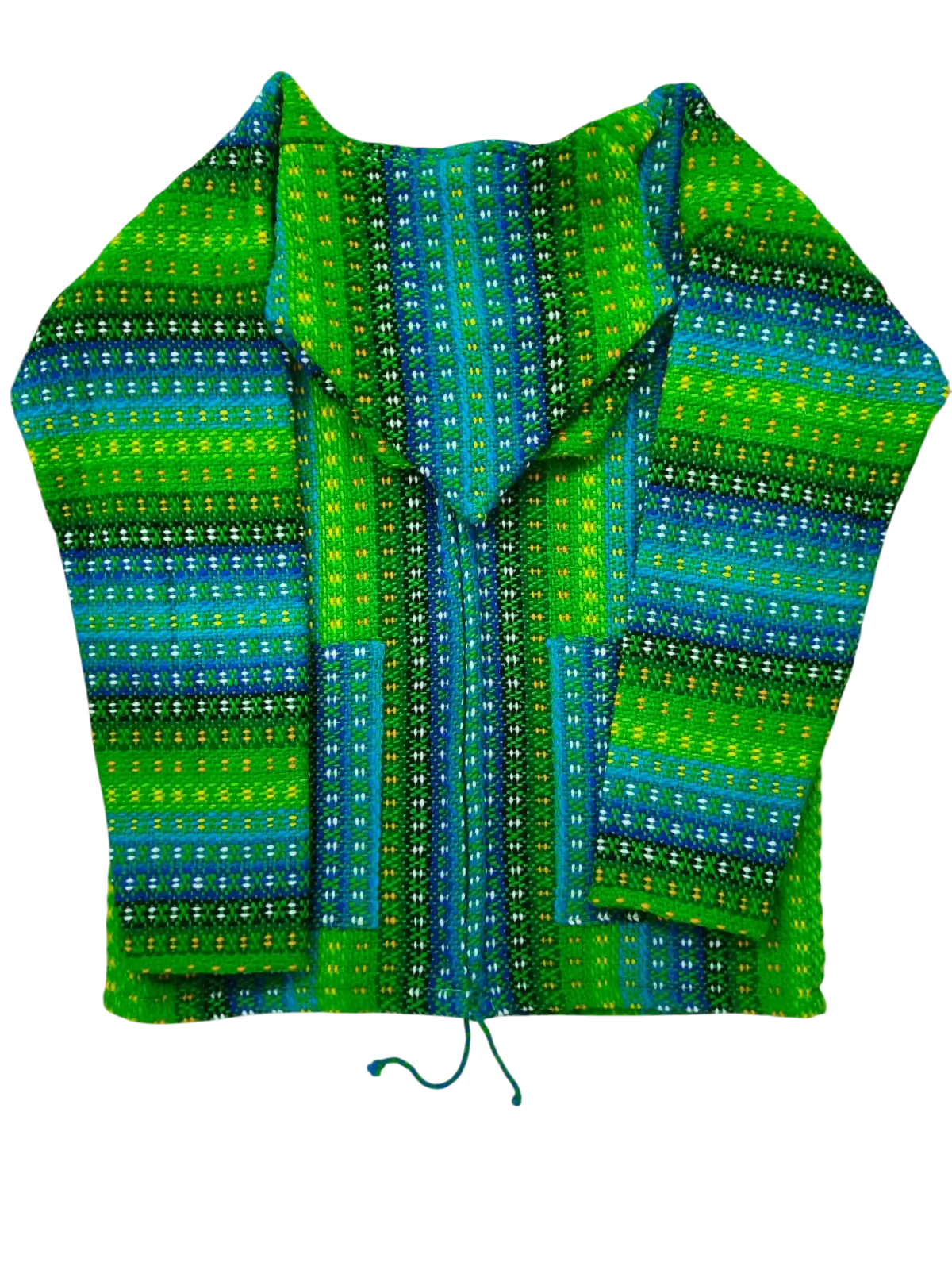 Vibrant green andean poncho made from 100% sheep’s wool showcasing traditional textile tradition with collar and drawstring hem