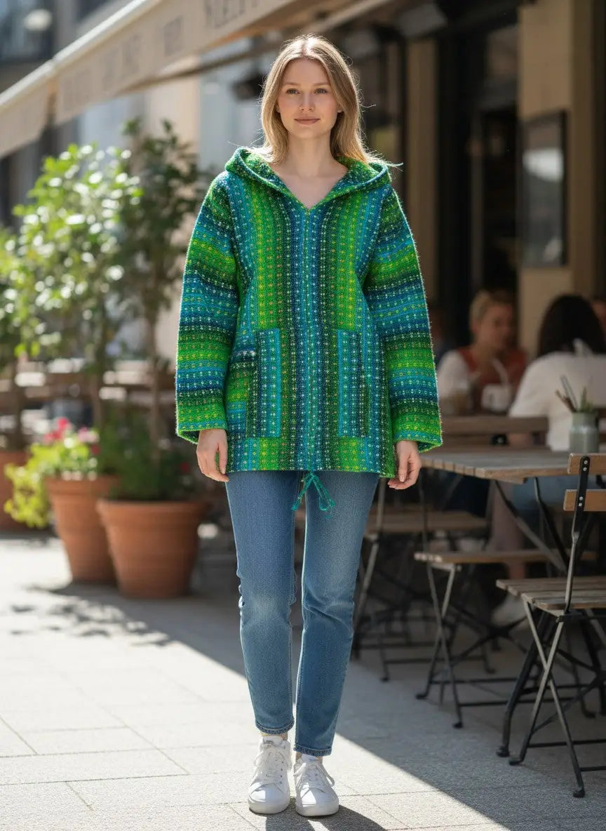 Green andean striped knitted hoodie cardigan made of 100% sheep’s wool showcasing textile tradition and zip pockets