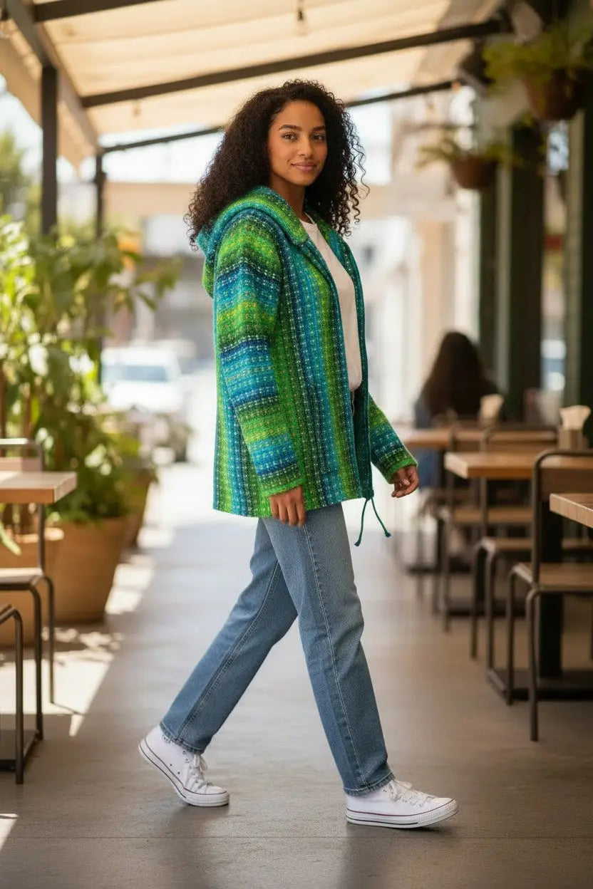A vibrant green andean hand-knitted hoodie cardigan in sheeps wool showcasing textile tradition with blue stripes