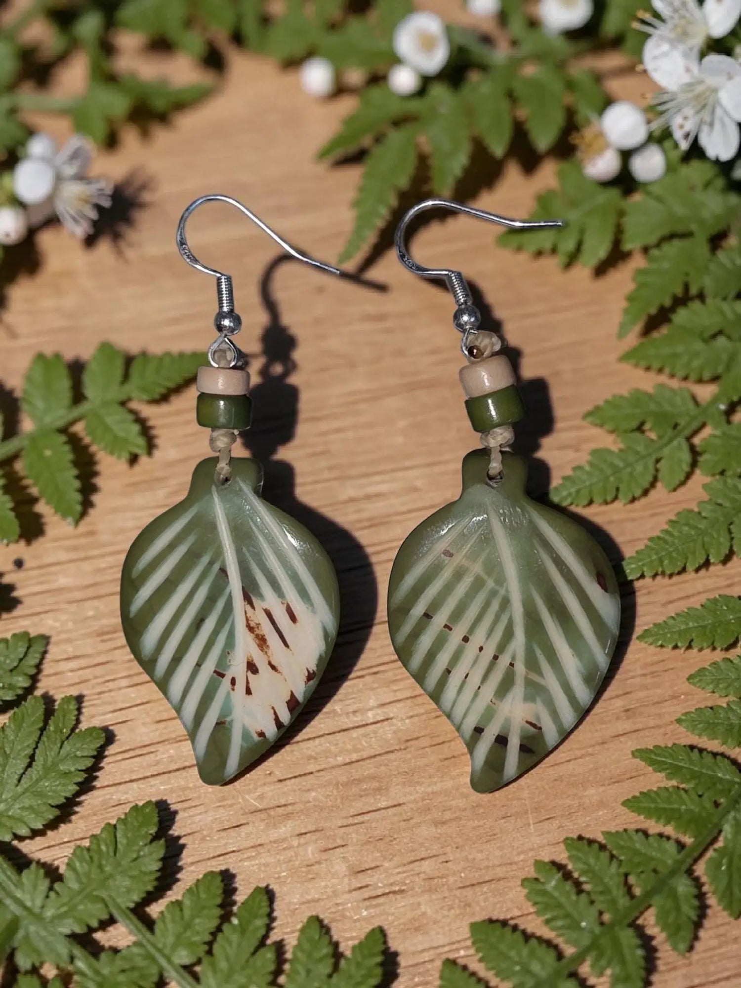 Green Leaf Carved Tagua Carved Vegetable Ivory, Earrings from the Rainforest