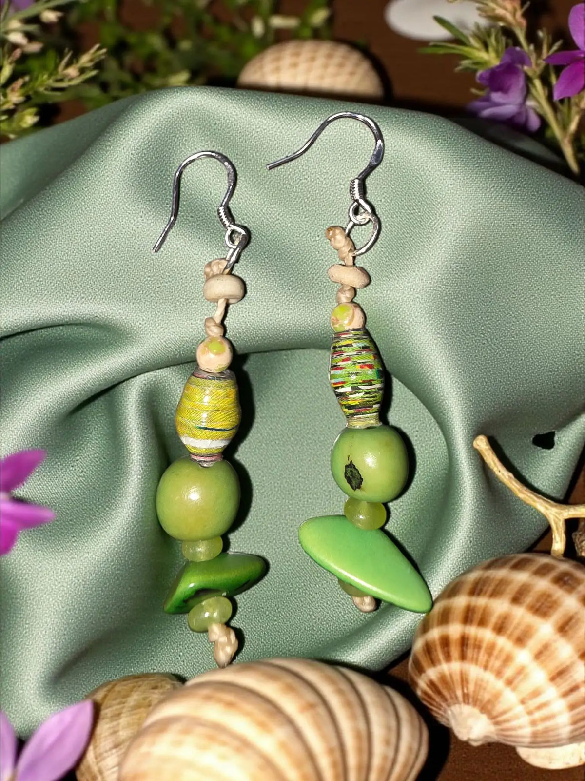 Handcrafted green mash-up tagua pieces earrings with paper bead acai seed and silver hooks