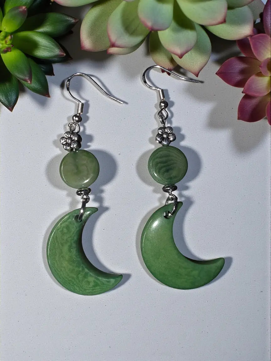 Green moon carved tagua nut earrings with silver hooks and disc beads lightweight from the rainforest