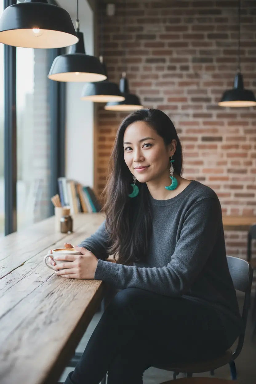 Woman wearing teal green moon carved tagua nut earrings with hamsa beads paired with dark gray sweater and black pants
