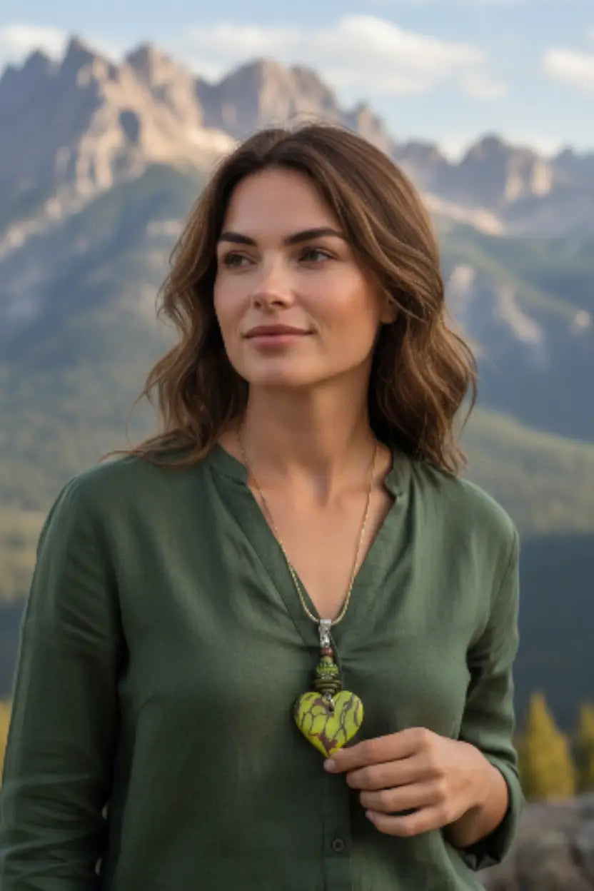 Vibrant lime-green green rustic carved tagua heart pendant necklace with glossy hand-painted finish and gold detailing