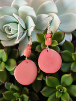 Pink tagua slice earrings with salmon pink tagua and coral beads hand carved from the rainforest with silver hooks