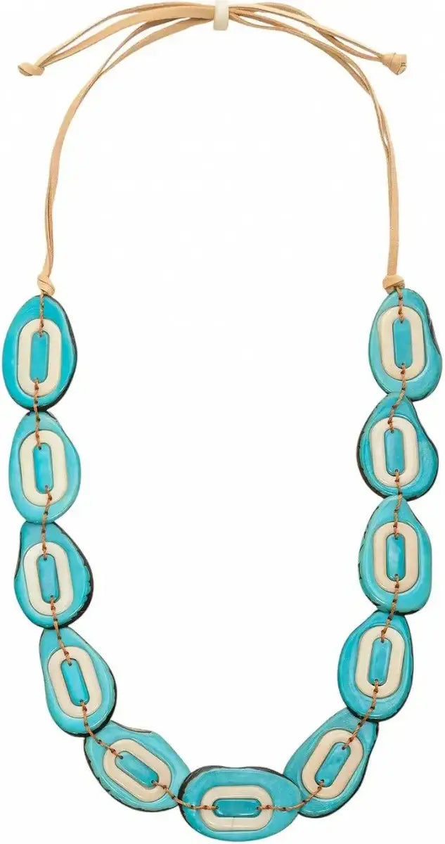 Hand carved tagua nut yoli necklace multi with turquoise and cream ceramic beads featuring oval cutouts
