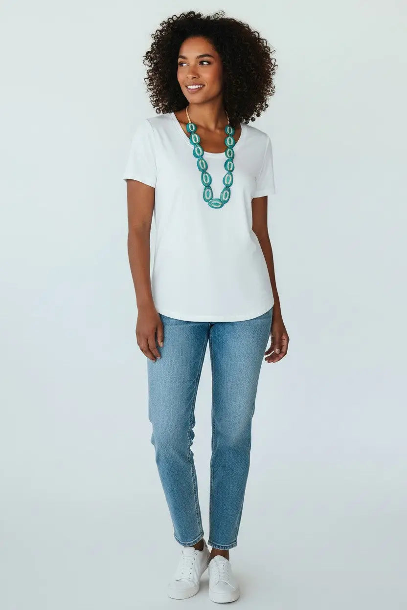 White short-sleeved t-shirt with v-neckline paired with hand-carved tagua nut yoli necklace multi perfect fit necklace multi