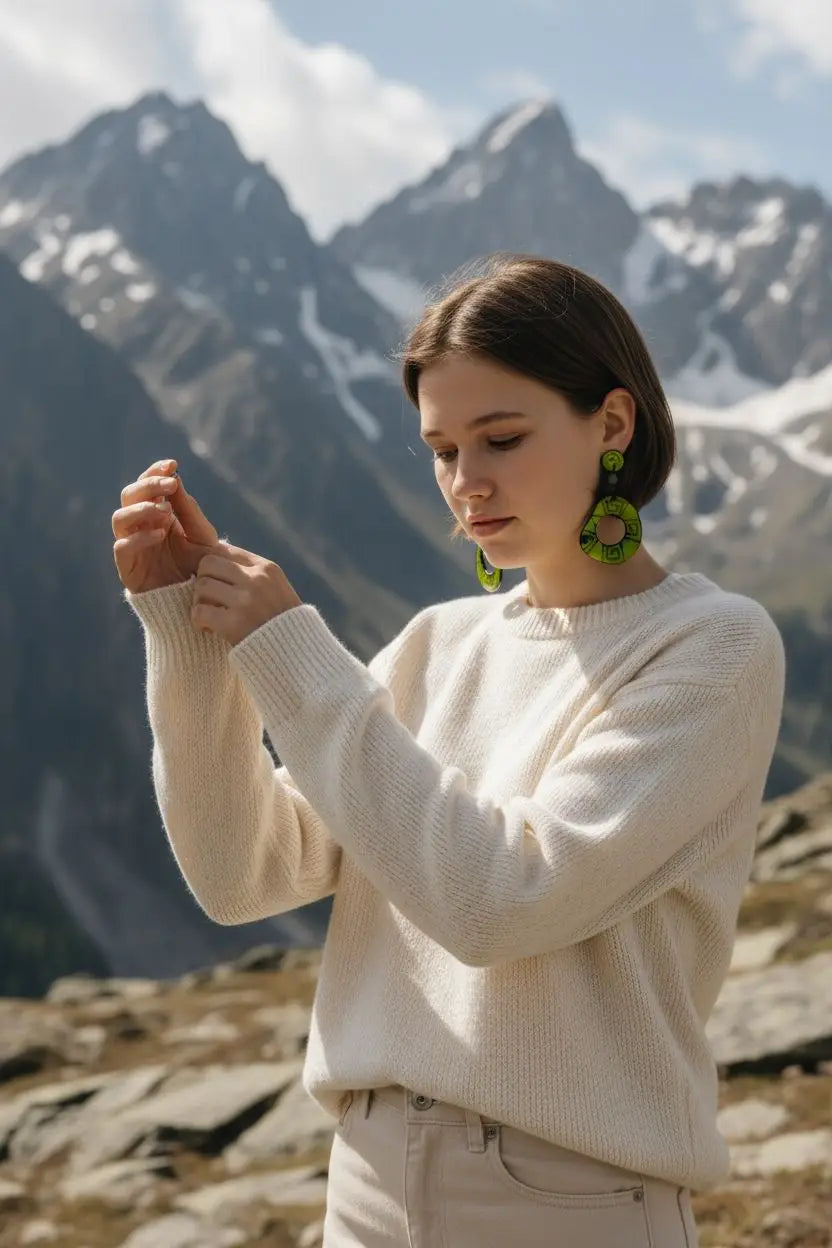 A woman wearing a cream-colored ribbed knit sweater showcases hand-painted bold deco green with envy earrings