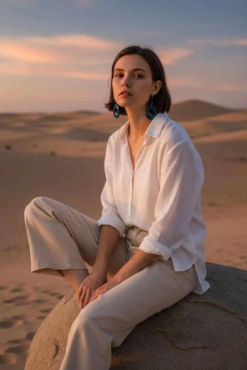 A woman seated in a desert wearing hand-painted bold deco teal tagua hoop earrings with a white linen shirt and beige trousers