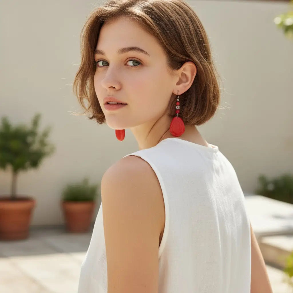 Vibrant red teardrop happy little red polished tagua slice dangle earrings with flower bead accents and metallic chain