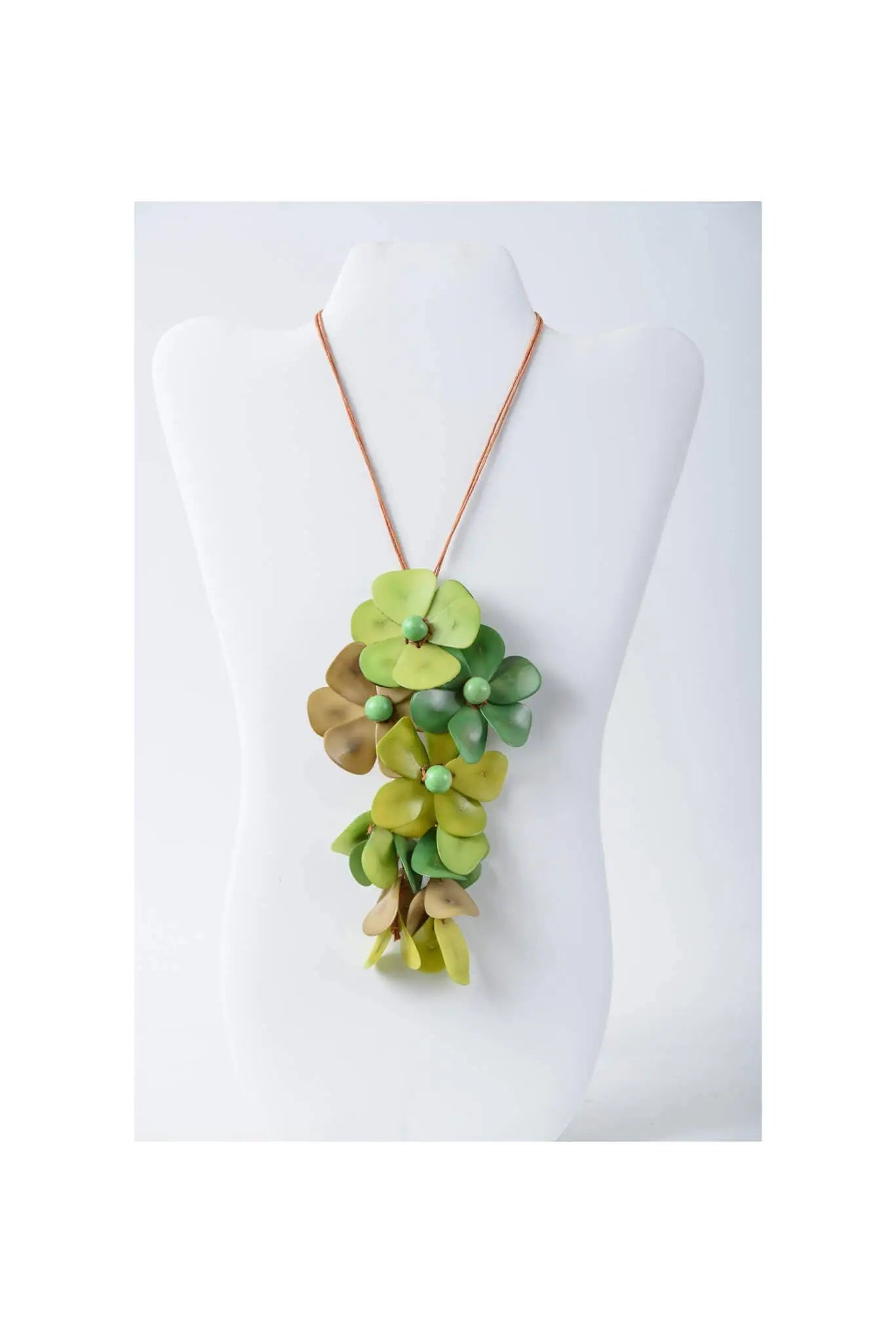 Holly pendant flower tagua necklace with layered green and yellowish-green flower pendants on copper-toned chain